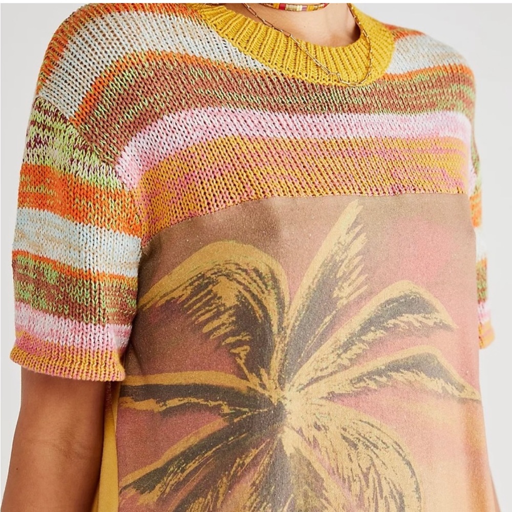 We The Free People IBIZA￼ SWIT Knit Sleeve Palm Tree Tee Size Large NWOT $148